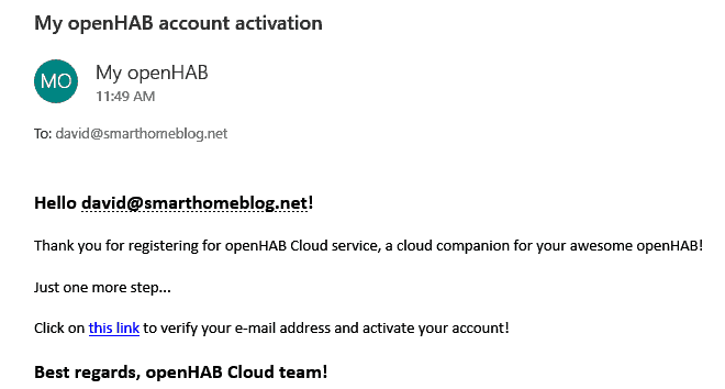 OpenHab Cloud Connector - Confirmation Email